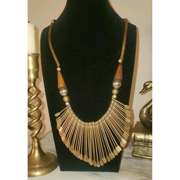 Antique Jewelry - Vintage Large Brass/Copper Fringe Bib Necklace Runway Rare Ethnic Geometric